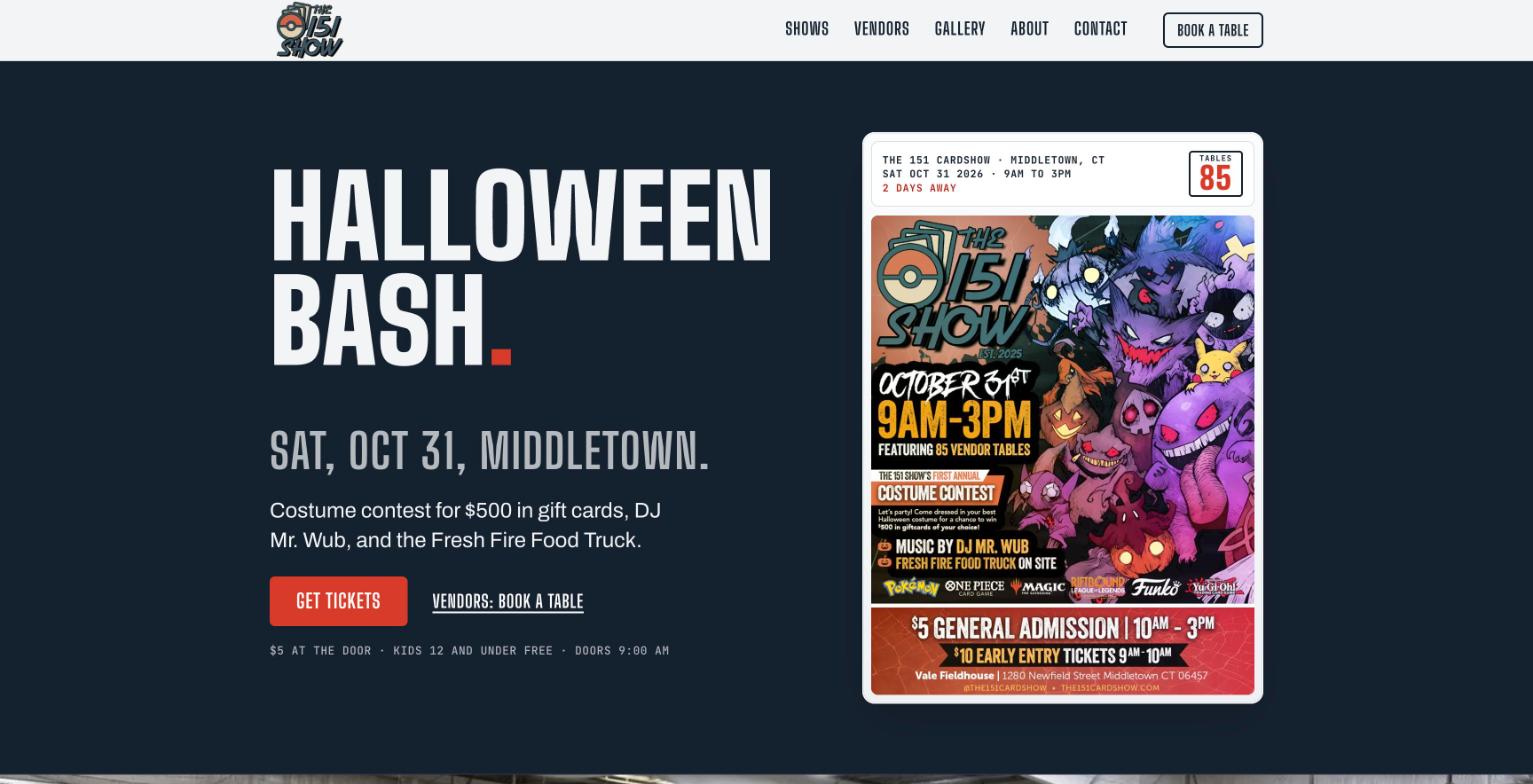 The 151 Card Show homepage: Halloween Bash, Saturday October 31 in Middletown, with ticket and table booking buttons